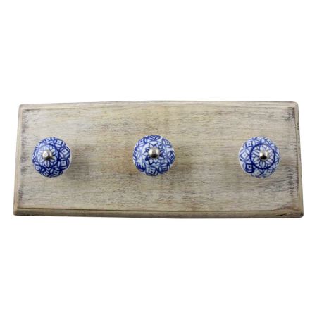 Blue Flower Ceramic Floral Wooden Hook